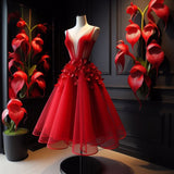 Pretty Ball Gown V Neck Red Tulle Formal 8th Grade Homecoming Dress Summer Middle School Hoco Dresses Birthday Outfits HZ1214