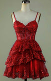 Pretty A line Spaghetti Straps Tulle Lace Burgundy Formal 8th Grade Homecoming Dress Summer Middle School Hoco Dresses HZ1214