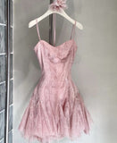 Pretty A line Spaghetti Straps Tulle Lace Pink Formal 8th Grade Homecoming Dress Summer Middle School Hoco Dresses HZ1214