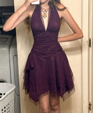 Cute A line V Neck Tulle Short Grape Formal 8th Grade Homecoming Dress Summer Middle School Hoco Dresses Birthday Outfits HZ1214