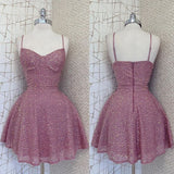 Vintage A line Spaghetti Straps Pink Sequin Formal 8th Grade Homecoming Dress Summer Middle School Hoco Dresses Birthday Outfits HZ1214