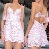 Cute A line Spaghetti Straps Pink Lace Short Mini Formal 8th Grade Homecoming Dress Summer Middle School Hoco Dresses Birthday Outfits HZ1214
