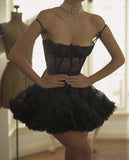 Vintage Ball Gown Spaghetti Straps Black Lace Short Mini Formal 8th Grade Homecoming Dress Summer Middle School Hoco Dresses Birthday Outfits HZ1214