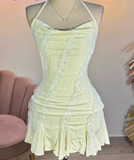 Vintage A line Spaghetti Straps Yellow Lace Short Mini Formal 8th Grade Homecoming Dress Summer Middle School Hoco Dresses Birthday Outfits HZ1214