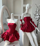 Vintage Ball Gown Strapless Burgundy Satin Short Mini Formal 8th Grade Homecoming Dresses Summer Middle School Hoco Dress Birthday Outfits HZ1214
