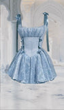 Pretty A line Spaghetti Straps Light Blue Lace Short Mini Formal 8th Grade Homecoming Dress Summer Middle School Hoco Dresses Birthday Outfits HZ1214