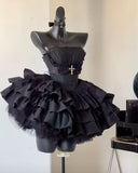 Vintage Ball Gown Strapless Little Black Dress Satin Formal 8th Grade Homecoming Dresses Summer Middle School Hoco Dress Birthday Outfits HZ1214