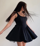 Pretty A line Square Neck Tulle Satin Dress Formal 8th Grade Short Mini Black Homecoming Dress Summer Middle School Hoco Dresses Birthday Outfits HZ1214