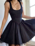 Pretty A line Square Neck Tulle Satin Dress Formal 8th Grade Short Mini Black Homecoming Dress Summer Middle School Hoco Dresses Birthday Outfits HZ1214