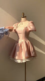 Pretty A line Square Neck Satin Dress Formal 8th Grade Short Mini Pink Homecoming Dress Summer Middle School Hoco Dresses Birthday Outfits HZ1214