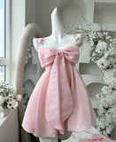 Vintage A line Spaghetti Straps Pink Satin Bow-knot Short Mini Formal 8th Grade Homecoming Dresses Summer Middle School Hoco Dress Birthday Outfits HZ1214