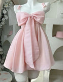 Vintage A line Spaghetti Straps Pink Satin Bow-knot Short Mini Formal 8th Grade Homecoming Dresses Summer Middle School Hoco Dress Birthday Outfits HZ1214