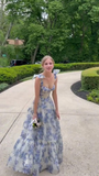 Niulatu Blue Floral Print Long Prom Dress Blue Evening Dress HZ1007