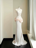 Niulatu Light Pink Satin Lace Sequin Beaded Evening Dress Slit Mermaid Prom Dress HZ1007