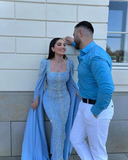 Niulatu Blue Beaded Sequins Luxury Evening Dresses Satin Trim with Shawl Arabian Dubai Muslim Prom Dress HZ1007