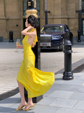 Niulatu Bright Yellow Sheath Halter Satin Open Back Prom Dress Evening Dress with Slit HZ0113