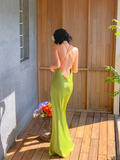 Niulatu Green Mermaid Straps Satin Open Back Long Prom Dress Vacation Dress HZ0113