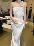 Modest Sheath One Shoulder White Satin Long Prom Gown Summer Wedding Guest Dress Bridal Guest Dresses Wedding Outfits For Guest HZ1214