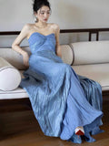 Modest A line Sweetheart Blue Long Prom Gown Summer Wedding Guest Dress Bridal Guest Dresses Wedding Outfits For Guest HZ1214