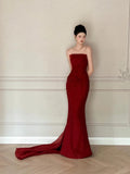 Modest Mermaid Burgundy Strapless Long Prom Gown Summer Wedding Guest Dress Bridal Guest Dresses Wedding Outfits For Guest HZ1214