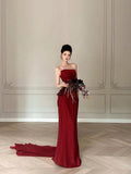Modest Mermaid Burgundy Strapless Long Prom Gown Summer Wedding Guest Dress Bridal Guest Dresses Wedding Outfits For Guest HZ1214
