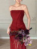 Modest Mermaid Burgundy Strapless Long Prom Gown Summer Wedding Guest Dress Bridal Guest Dresses Wedding Outfits For Guest HZ1214