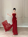 Modest Mermaid Burgundy Strapless Long Prom Gown Summer Wedding Guest Dress Bridal Guest Dresses Wedding Outfits For Guest HZ1214