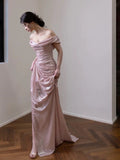 Elegant Mermaid Off The Shoulder Pink Satin Short Sleeves Long Evening Party Gowns Evening Formal Dresses Prom Dress HZ1214