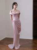 Elegant Mermaid Off The Shoulder Pink Satin Short Sleeves Long Evening Party Gowns Evening Formal Dresses Prom Dress HZ1214