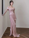 Elegant Mermaid Off The Shoulder Pink Satin Short Sleeves Long Evening Party Gowns Evening Formal Dresses Prom Dress HZ1214