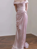 Elegant Mermaid Off The Shoulder Pink Satin Short Sleeves Long Evening Party Gowns Evening Formal Dresses Prom Dress HZ1214