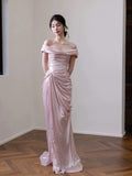 Elegant Mermaid Off The Shoulder Pink Satin Short Sleeves Long Evening Party Gowns Evening Formal Dresses Prom Dress HZ1214