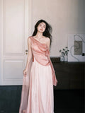Sexy A line One Shoulder Pink Satin Sleeveless Prom Dresses Party Dress Summer Birthday Outfits Birthday Dresses HZ1214