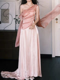 Sexy A line One Shoulder Pink Satin Sleeveless Prom Dresses Party Dress Summer Birthday Outfits Birthday Dresses HZ1214