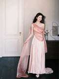 Sexy A line One Shoulder Pink Satin Sleeveless Prom Dresses Party Dress Summer Birthday Outfits Birthday Dresses HZ1214