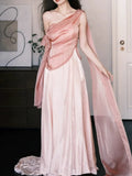 Sexy A line One Shoulder Pink Satin Sleeveless Prom Dresses Party Dress Summer Birthday Outfits Birthday Dresses HZ1214