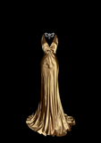 Niulatu Mermaid V Neck Gold 1950s Retro Classy Satin Long Prom Dresses Party Dress 21st Birthday Outfits Graduation Dresses HZ1214