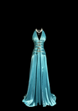 Niulatu A line Halter Blue 1950s Retro Classy Satin Long Prom Dresses Party Dress 21st Birthday Outfits Graduation Dresses HZ1214