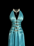 Niulatu A line Halter Blue 1950s Retro Classy Satin Long Prom Dresses Party Dress 21st Birthday Outfits Graduation Dresses HZ1214