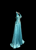 Niulatu A line Halter Blue 1950s Retro Classy Satin Long Prom Dresses Party Dress 21st Birthday Outfits Graduation Dresses HZ1214