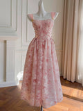 Elegant A line Square Pink Lace Sleeveless Chiffon Long Evening Party Gowns Evening Formal Dresses Prom Dress HZ1214