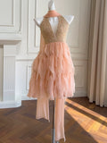 Pretty A line Halter Blush Pink Chiffon Summer 16th Birthday Dresses For Teens Hoco Dress Mini 18th Birthday Outfit Cocktail Dresses For Women HZ1214