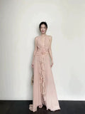 Elegant A line Blush Pink Sleeveless Chiffon Long Evening Party Gowns Evening Formal Dresses Prom Dress HZ1214