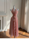 Elegant A line Blush Pink Sleeveless Chiffon Long Evening Party Gowns Evening Formal Dresses Prom Dress HZ1214