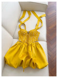 Pretty A line Straps Yellow Lace Summer 16th Birthday Dresses For Teens Hoco Dress Mini 18th Birthday Outfit Cocktail Dresses For Women HZ1214