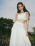 Elegant A line One Shoulder Sleeveless White Long Evening Party Gowns Evening Formal Dresses Prom Dress HZ1214