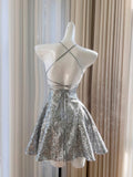 Pretty A line Halter Silver Sequin Summer 16th Birthday Dresses For Teens Hoco Dress Mini 18th Birthday Outfit Cocktail Dresses For Women HZ1214