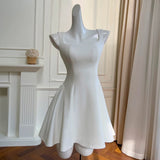 Trendy A line Square White Satin Sleeveless Formal Short 8th Grade Homecoming Dress Summer Middle School Hoco Dresses Cocktail Dress Birthday Outfits HZ1214