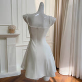 Trendy A line Square White Satin Sleeveless Formal Short 8th Grade Homecoming Dress Summer Middle School Hoco Dresses Cocktail Dress Birthday Outfits HZ1214