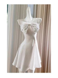 Trendy A line Spaghetti Straps White Satin Formal Short 8th Grade Homecoming Dress Summer Middle School Hoco Dresses Birthday Outfits HZ1214